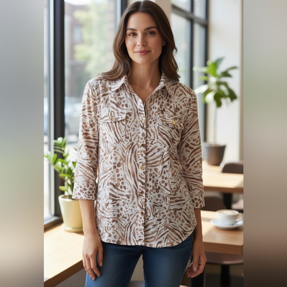 JM Collection Linen  Beige and White Animal Print Button-Down Shirt